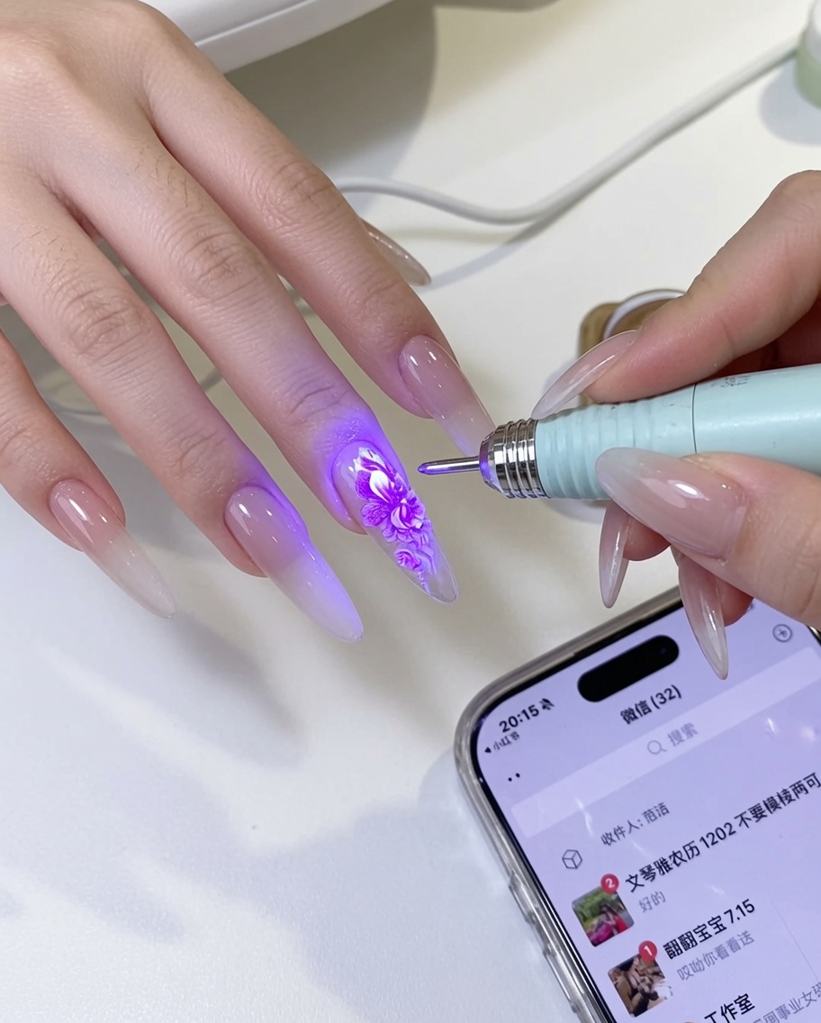 A close-up of a finger with a hand-painted floral design being held under the purple light of a UV nail lamp.