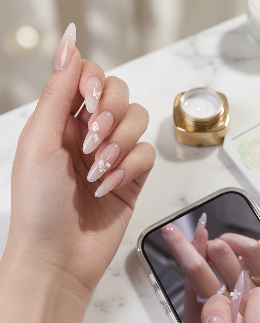 A close-up of a nail brush applying a small drop of clear adhesive gel onto the center of a decorated nail.