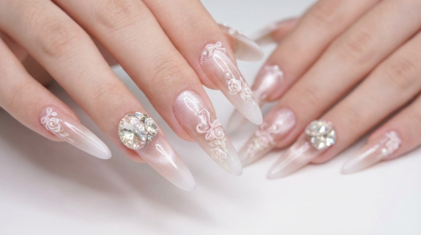 Spring Rose & Cat-Eye Ombre Stiletto Nails — Step-by-Step Tutorial