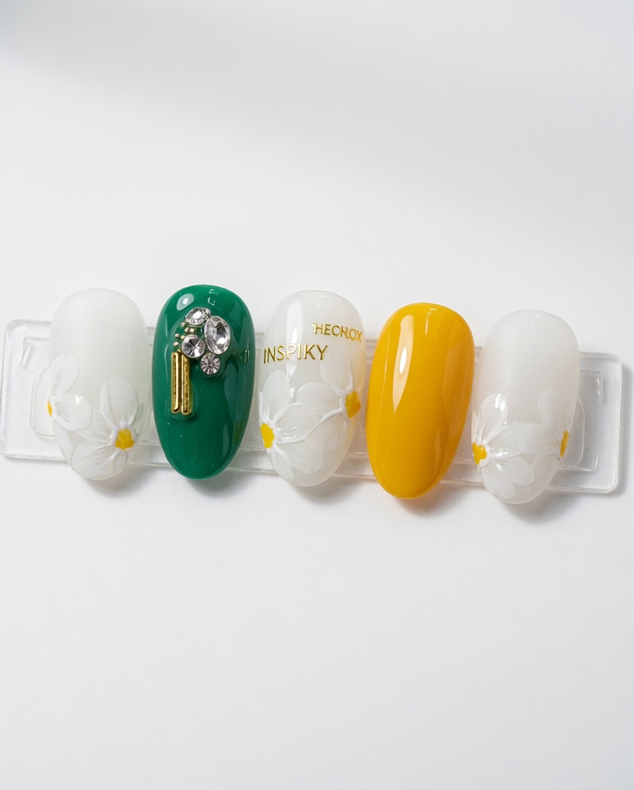 Applying a milky white gel polish to a nail tip with a brush.
