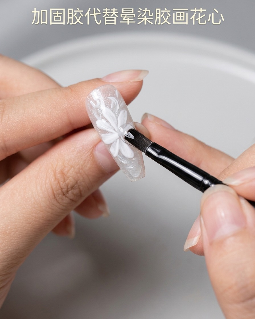 A brush applying a clear, thick reinforcement gel into the center of the white painted daisy.