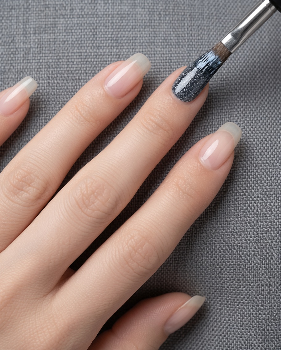 A single fingernail with one coat of gray gel polish, showing a light, translucent gray color.
