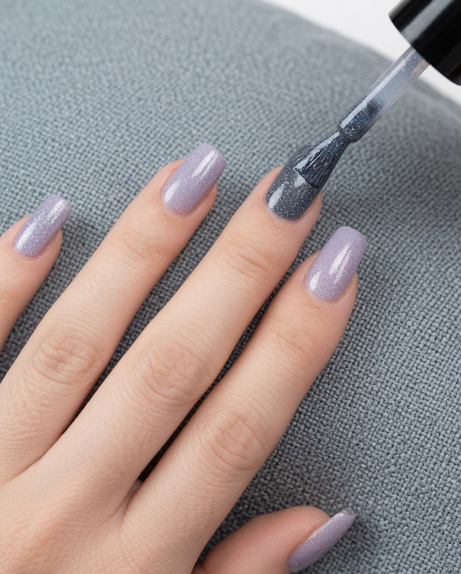 A brush applying a second coat of light gray gel polish over a fingernail.