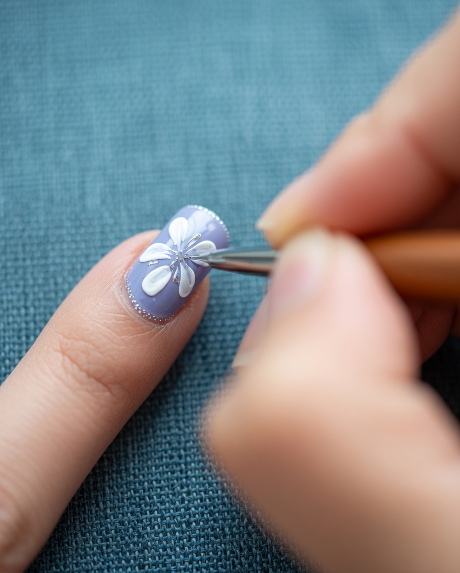 A close-up of a gray fingernail featuring completed white daisy petals painted with gel.