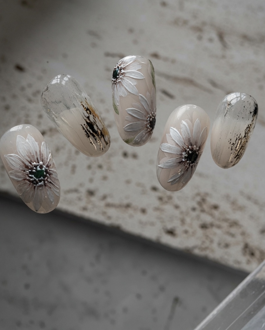 A close-up view of a fine liner brush creating a single white petal stroke on a nude nail.