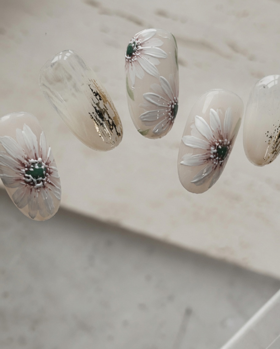 A close-up view of a second white petal being painted on the nail to form the daisy structure.