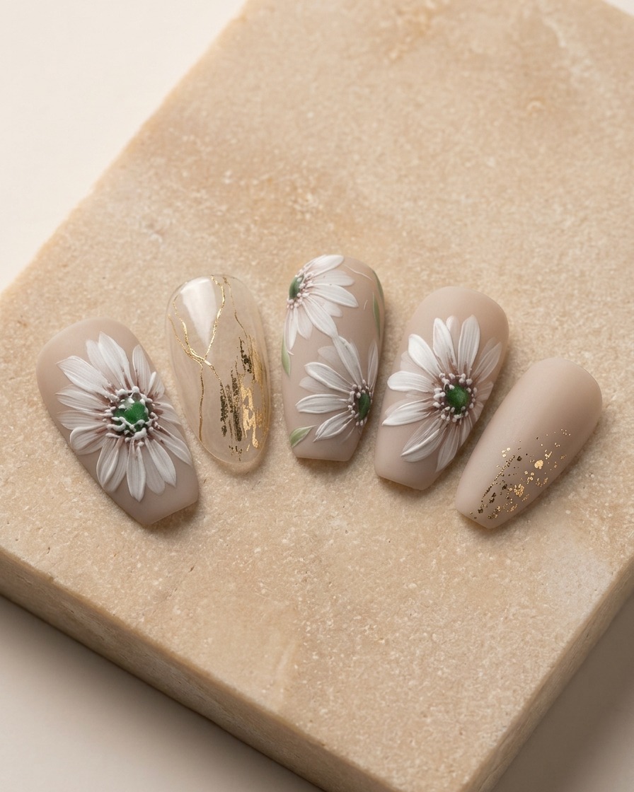 A close-up view of the nail showing three white petals radiating from the center of the daisy.