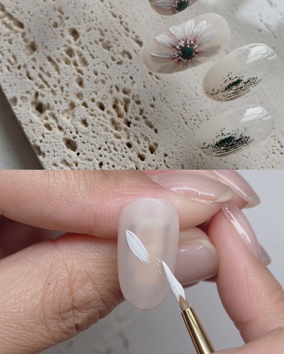 A close-up view of the nail where highlight strokes are being added to the existing daisy petals.