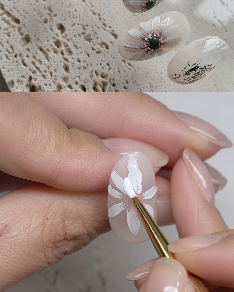 A nail art brush applying a small dot of green gel to the center of a painted white daisy.