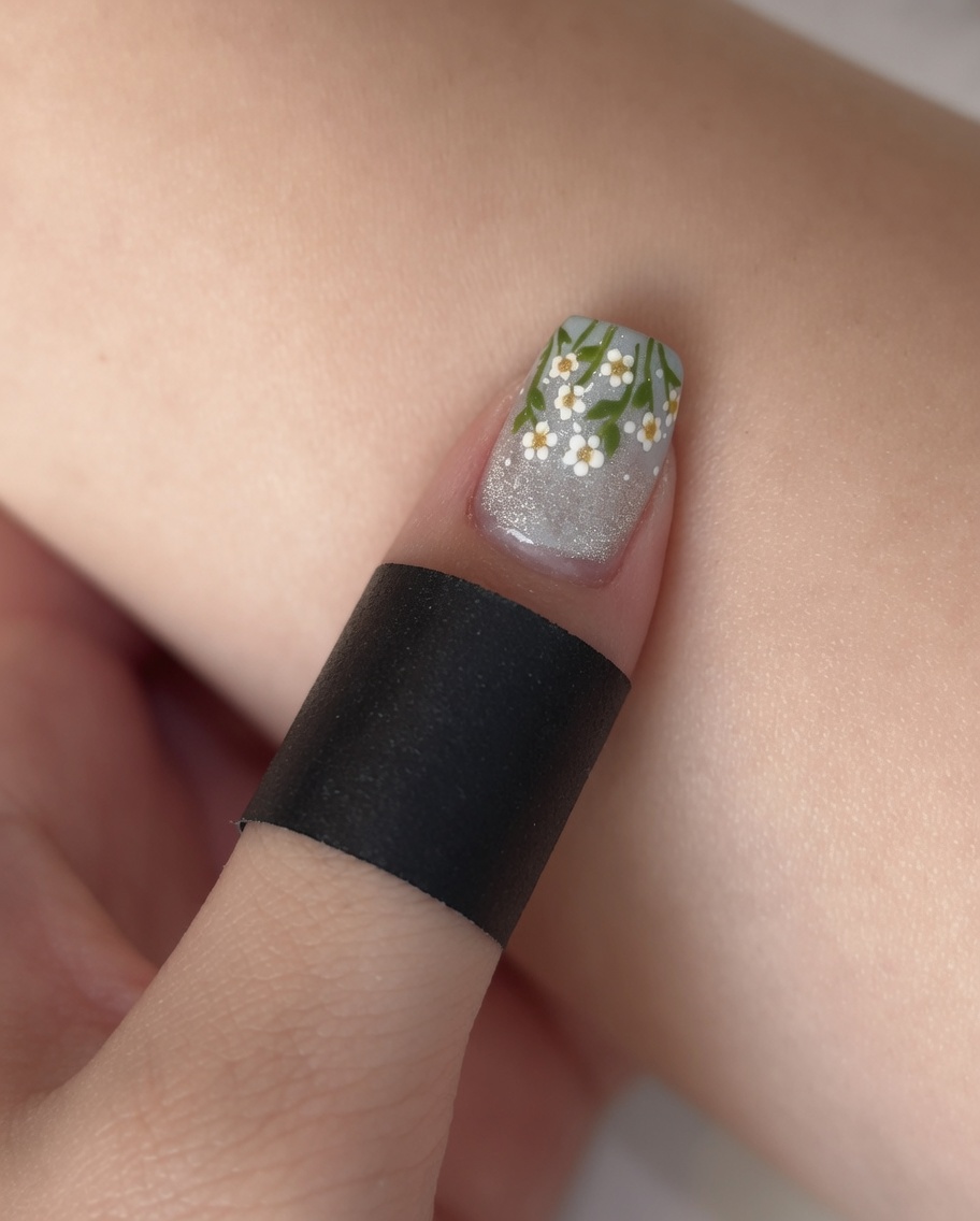 A close-up of a fine liner brush painting thin green stems onto a nail with a matte finish.