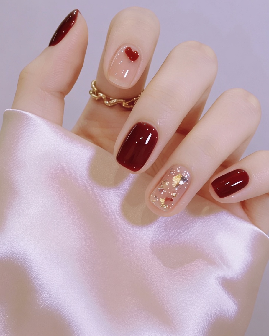 A brush applying a coat of rich burgundy gel polish to a fingernail.