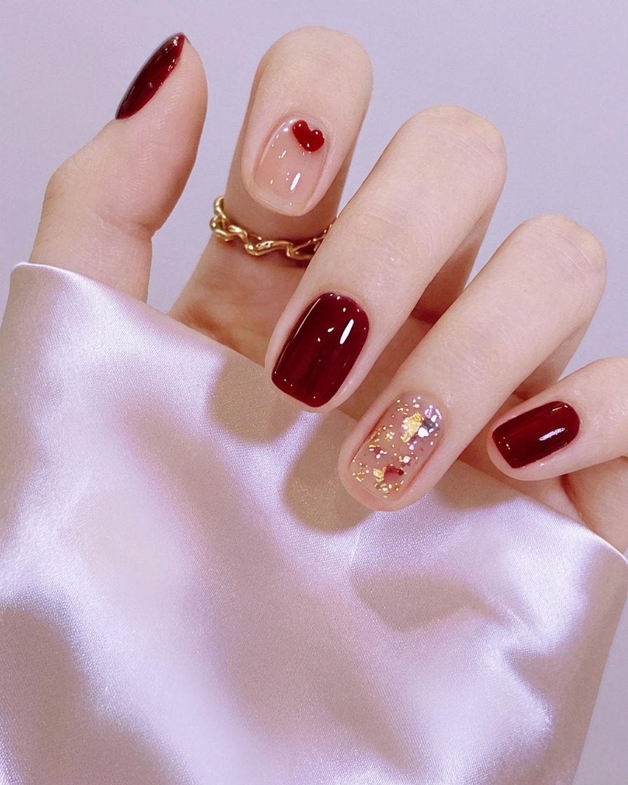 Fingers with burgundy gel polish placed inside a nail lamp for curing.
