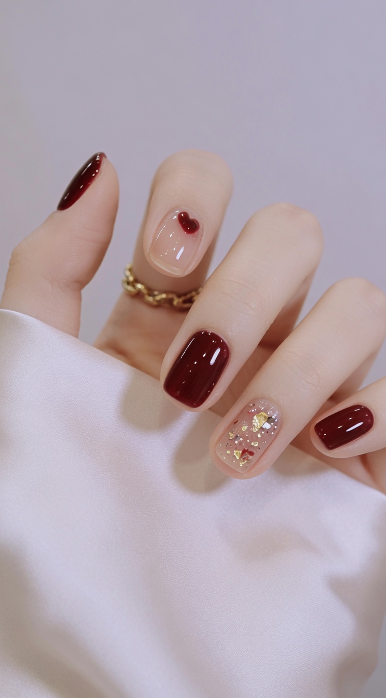 Burgundy and Gold Glitter Gel Manicure with Heart Accent — Step-by-Step Tutorial