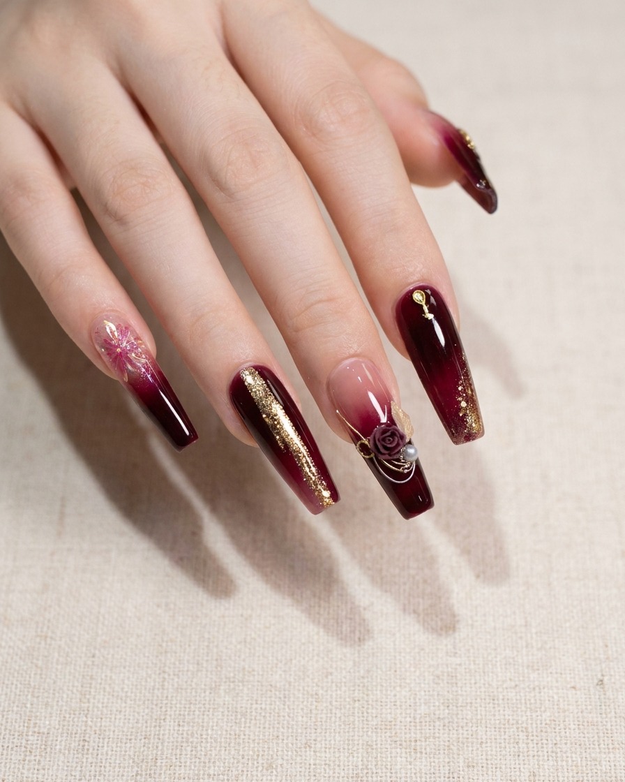 A brush applying clear adhesive gel to a specific spot on a long, red-painted nail.