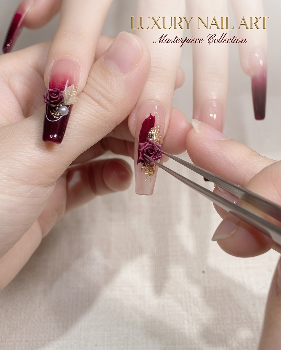 Close-up of tweezers holding and placing a small dried rose embellishment onto a nail with a red and gold ombre base.