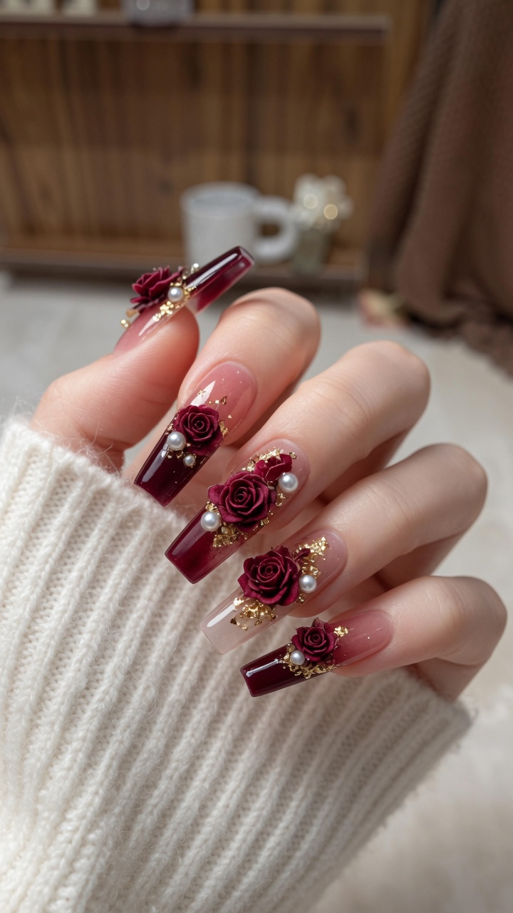 Gothic Dried Rose Nail Art — Sophisticated New Year Design