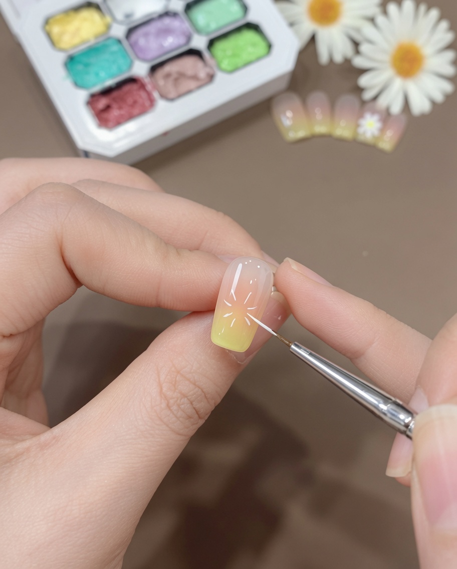 A close-up view of a fine liner brush creating small, thin white lines on a pink and yellow ombre nail to map out daisy petals.