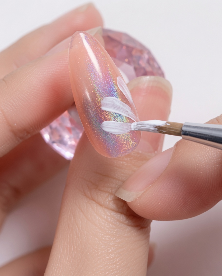 A liner brush adding a second layer of white gel petals over the previous ones to build volume.