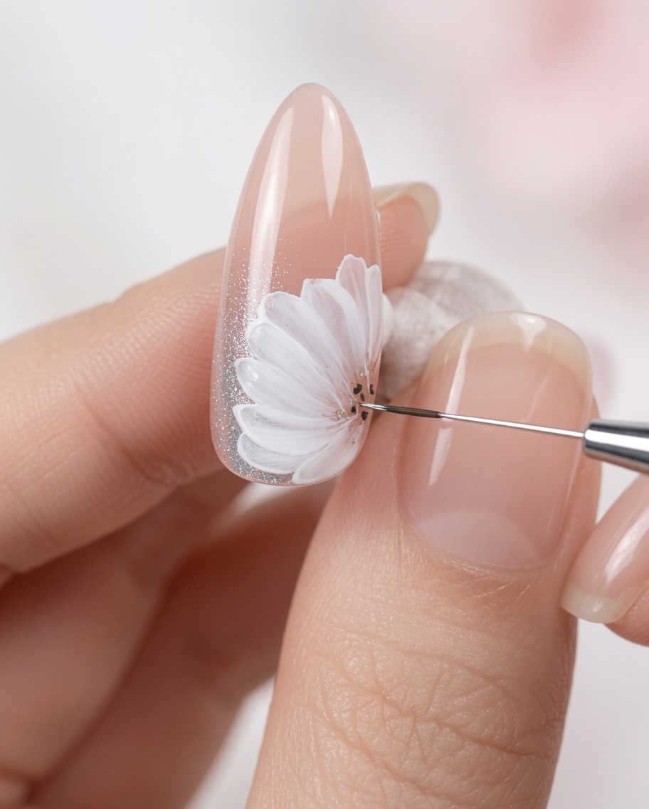 A close-up of a brush adding thin, delicate white highlight lines to the painted petals of a daisy.