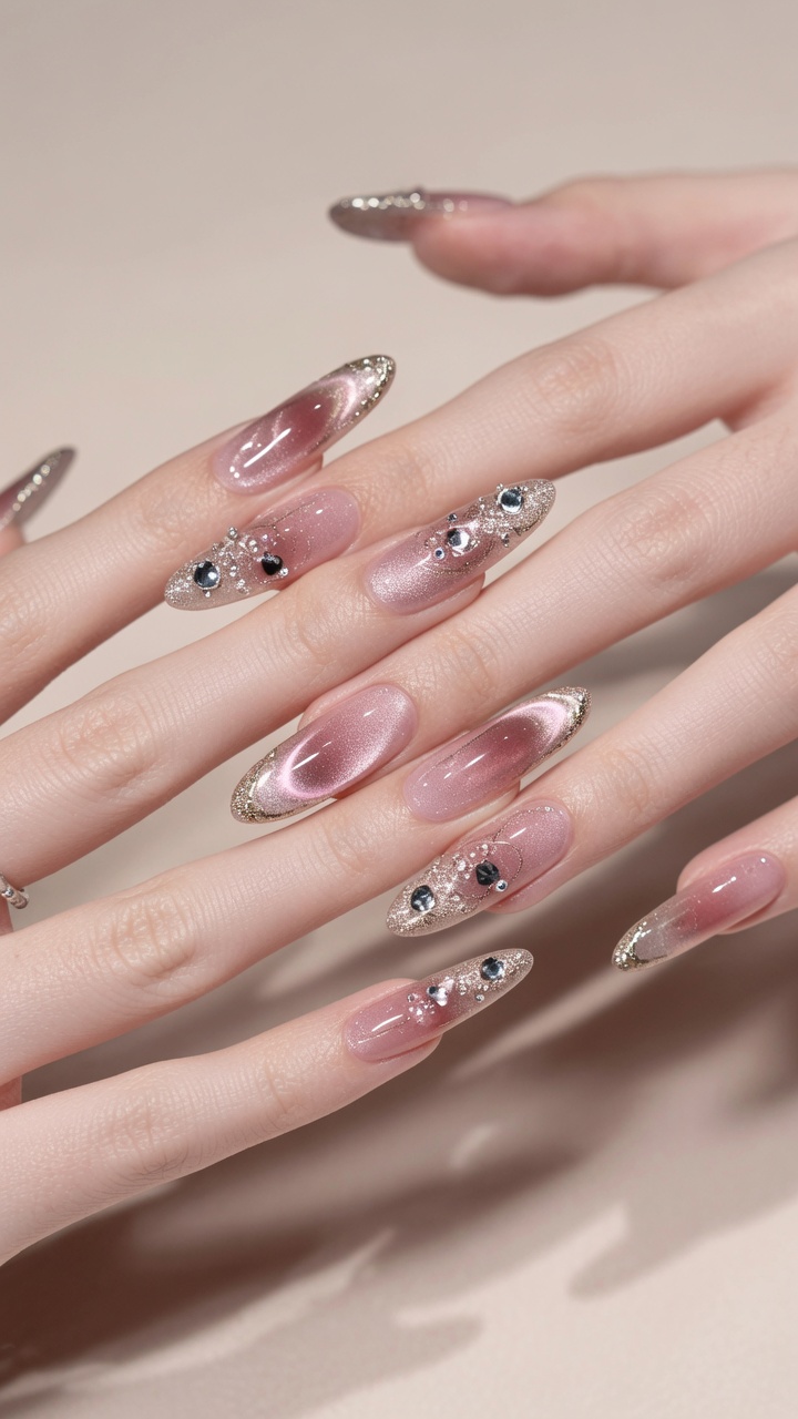 Pink Cat-Eye Ombre Nails with Gold Accents — Step-by-Step Tutorial