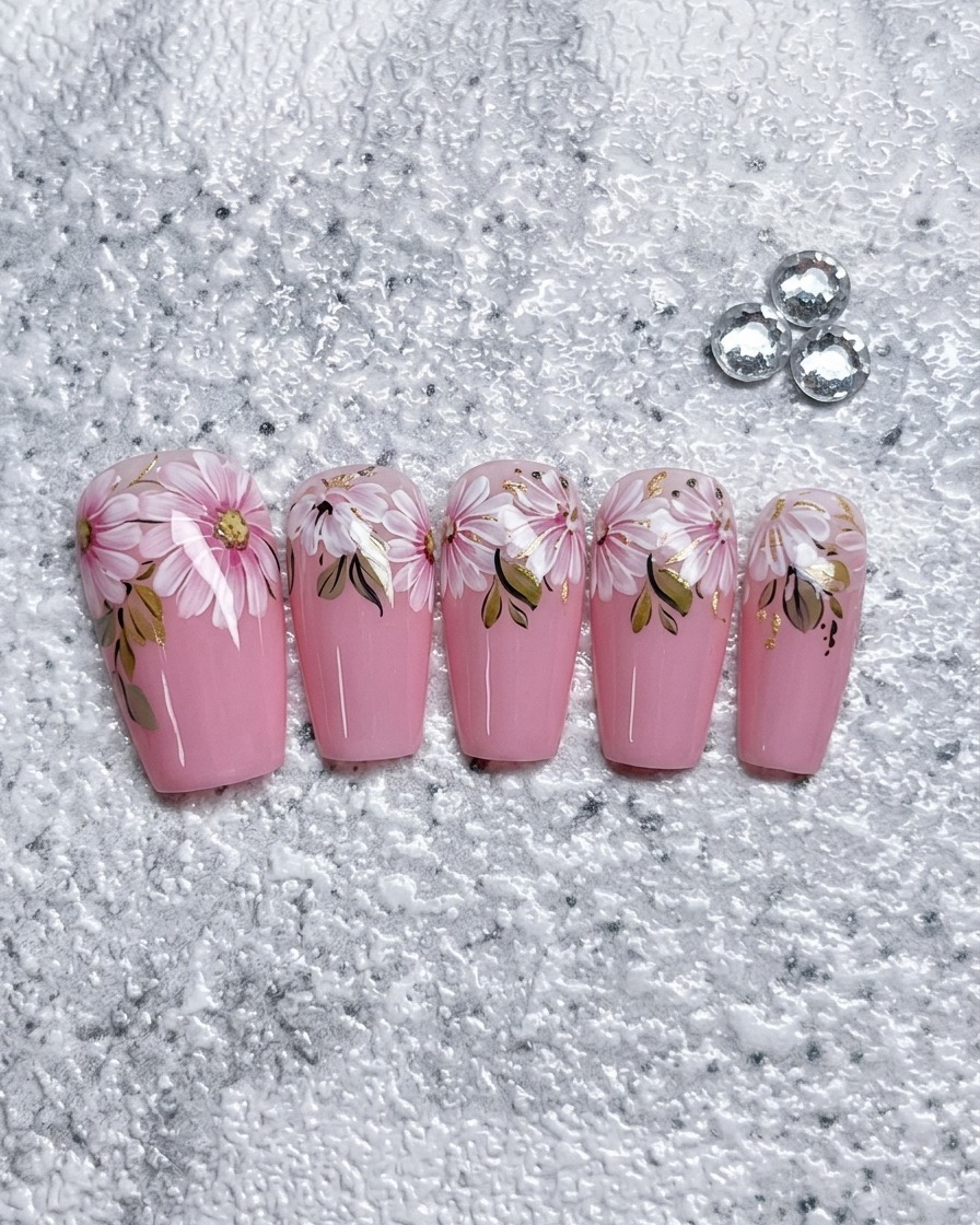 A close-up view of a partially painted white daisy on a pink nail, showing the petals forming a circular pattern.