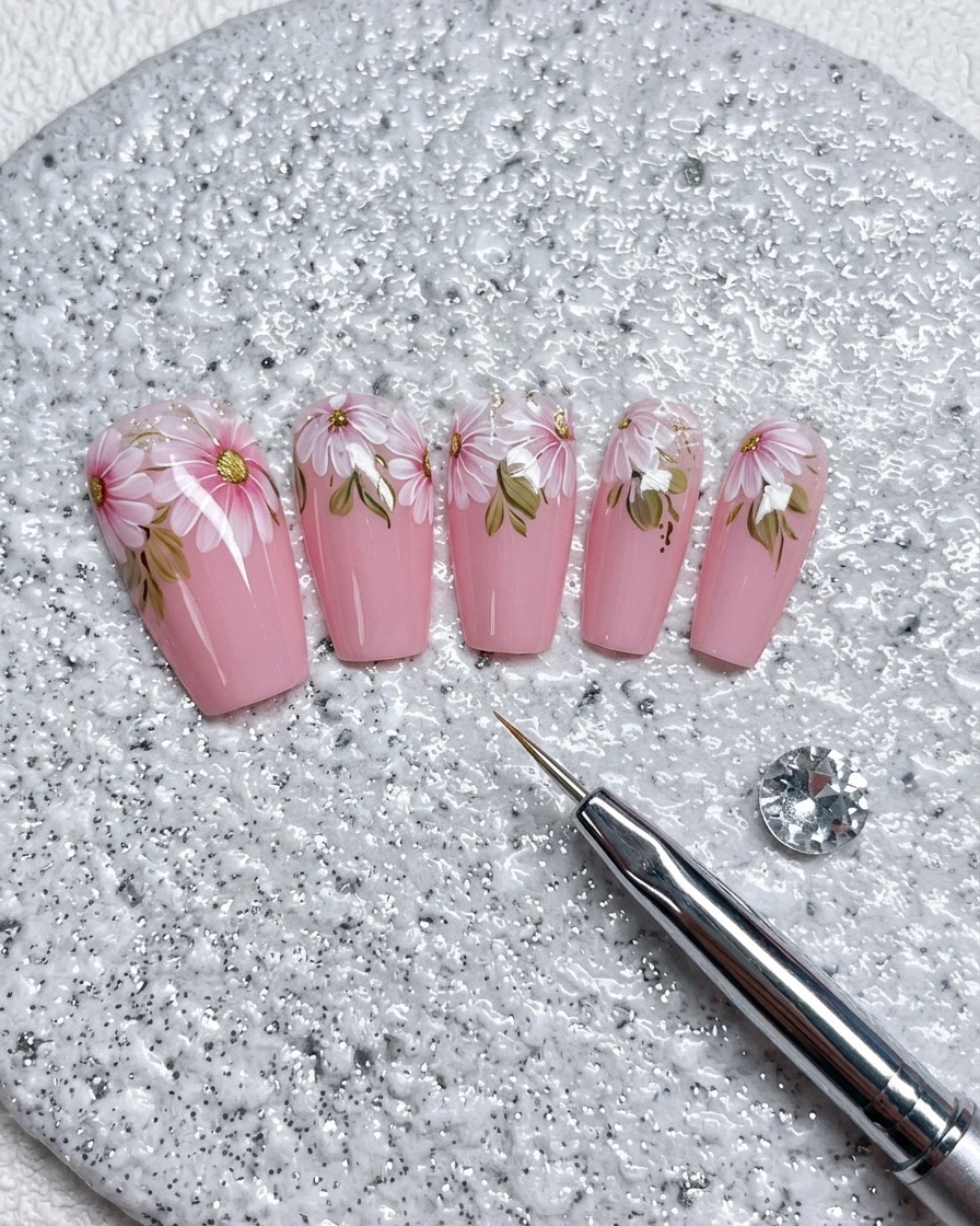 A fine liner brush placing a yellow gel dot at the heart of a painted white daisy.