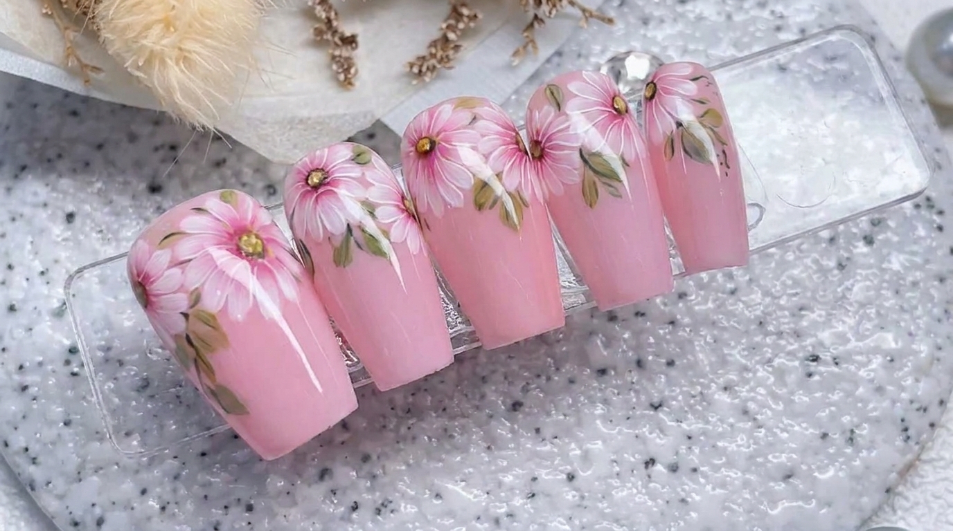 Pink Daisy Floral Nail Art — Elegant Hand-Painted Tutorial