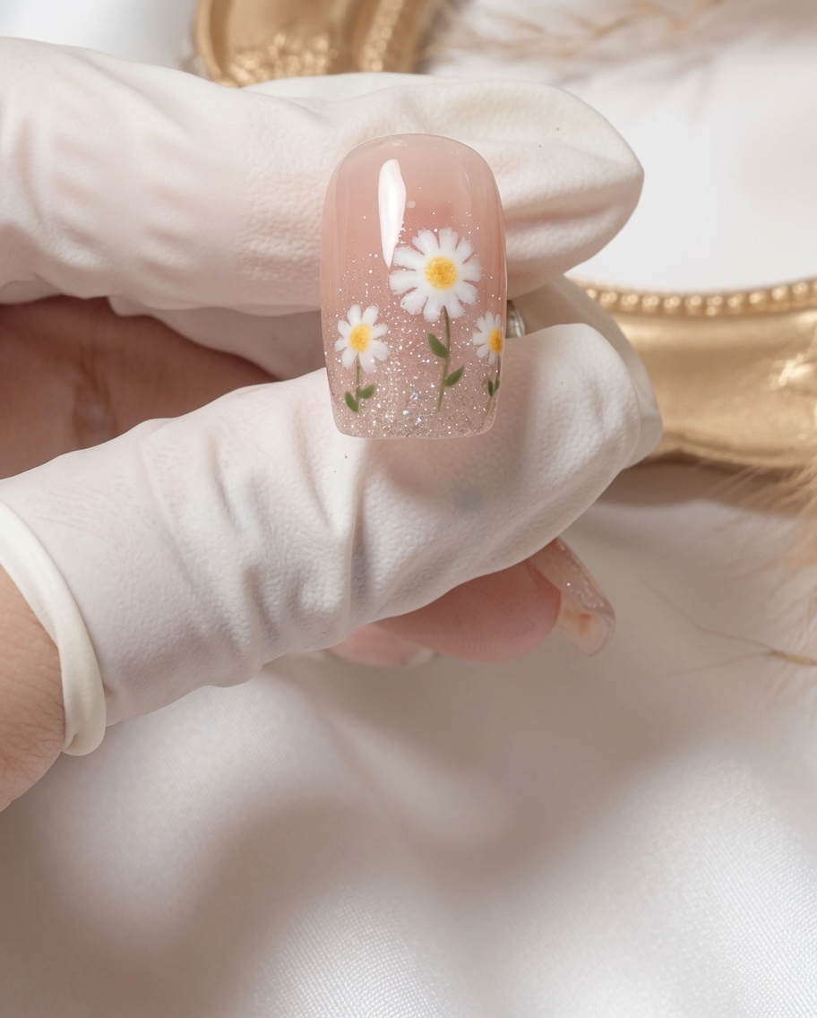 A fingernail fully coated in a smooth, sheer pink gel polish, ready for the next design step.