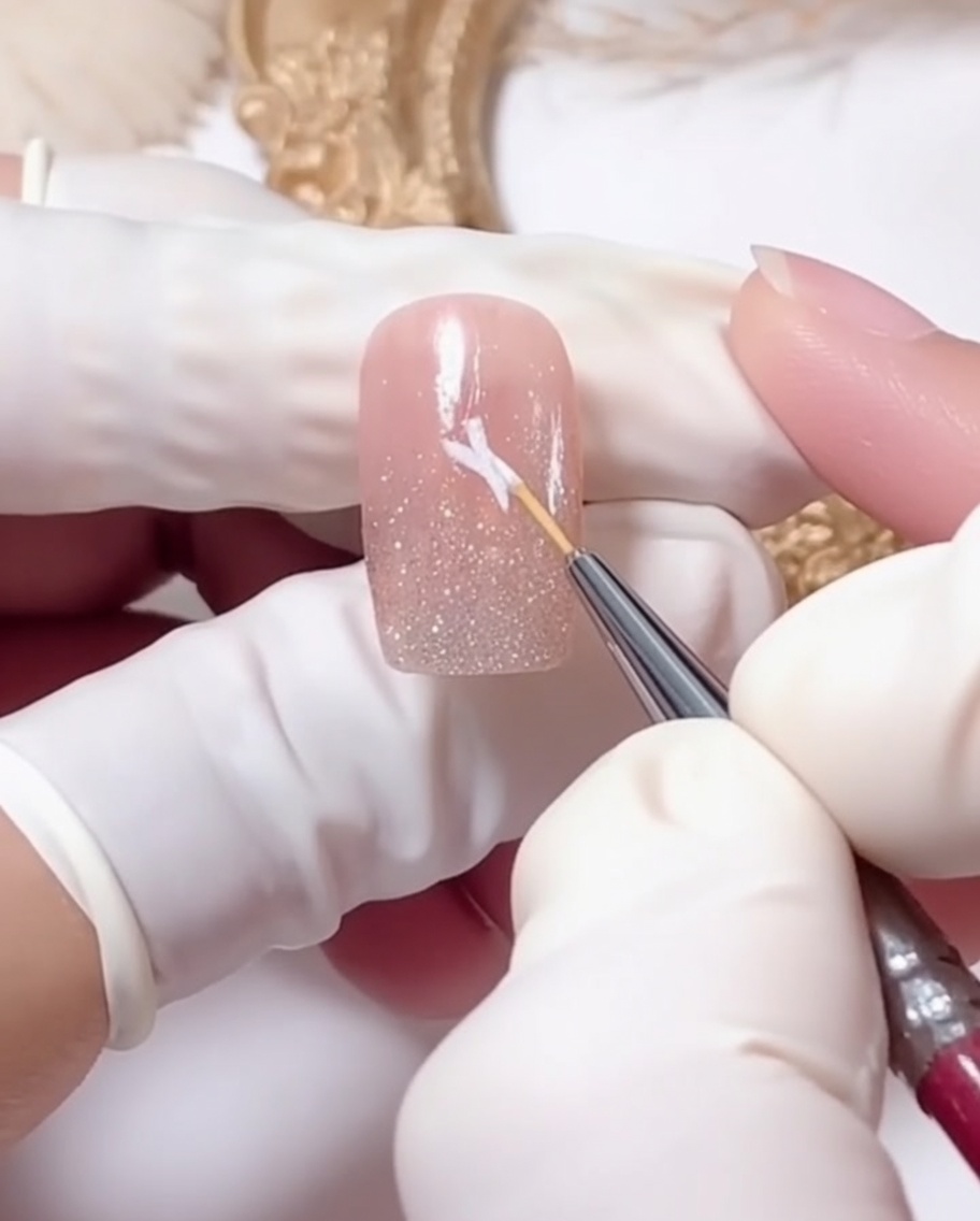 A liner brush carefully adding white petal details to the lower left corner of a glitter-gradient nail.