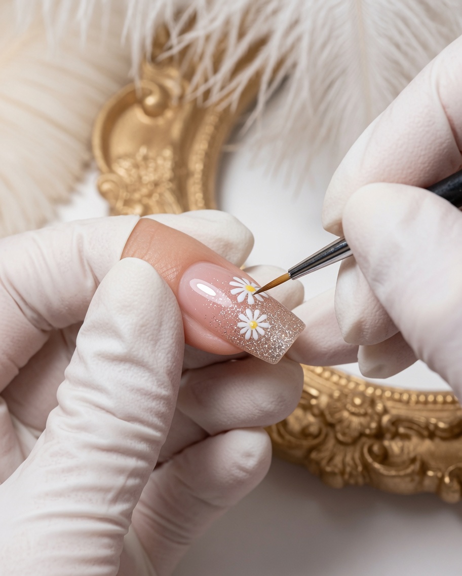 A hand holding a nail under a professional UV nail lamp to cure the freshly painted floral design.