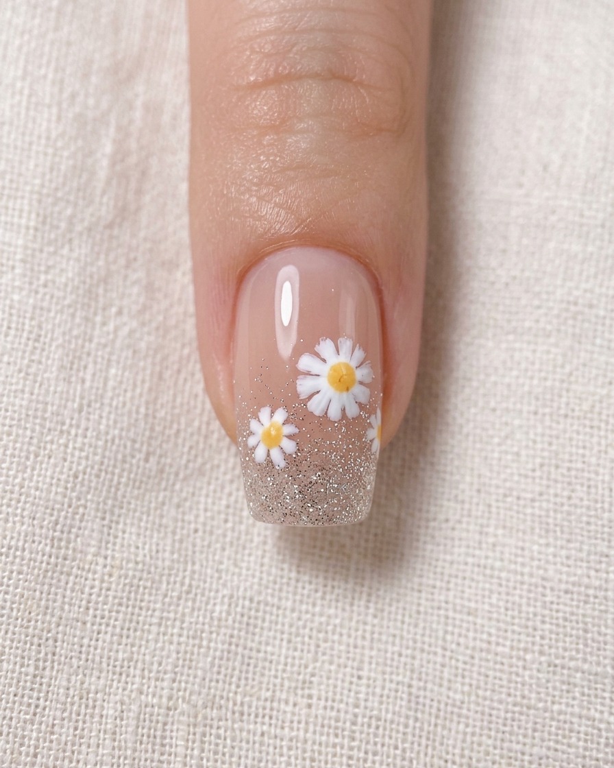 A close-up view of a nail showing three daisies with brown stems drawn on them.