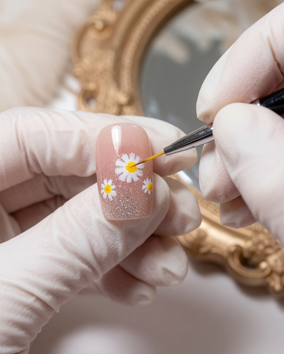 A liner brush applying green paint to create small leaves on the daisy stems.