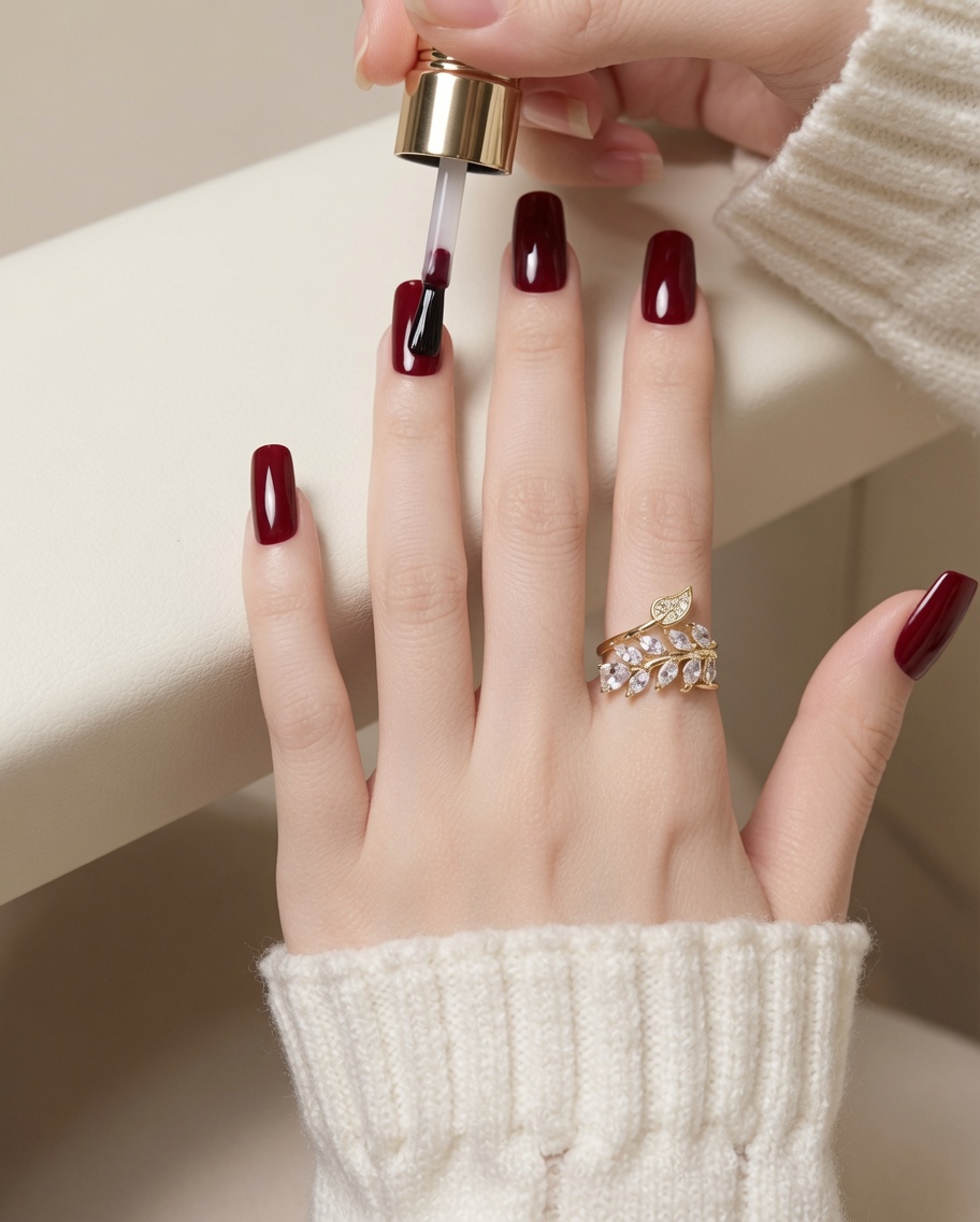 A clear gel brush applying a coat of base gel to a bare ring finger nail.