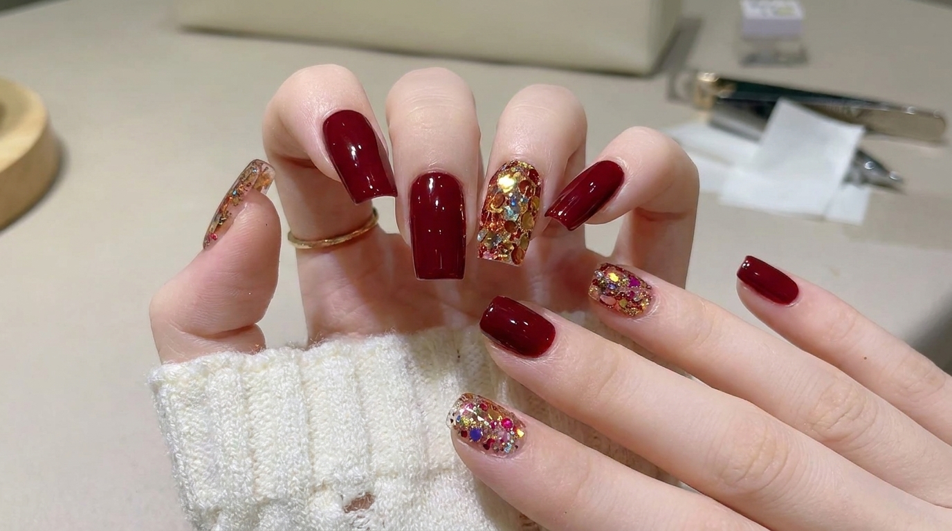 Dark Wine Red Gel Manicure with Gold Glitter Accent — Step-by-Step Tutorial
