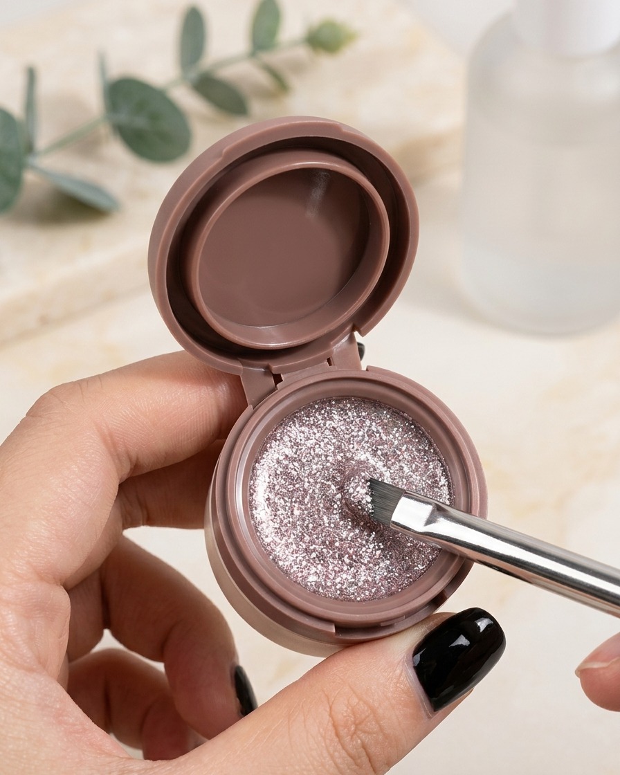 A nail art brush applying shimmering fine glitter over the gradient nail surface.
