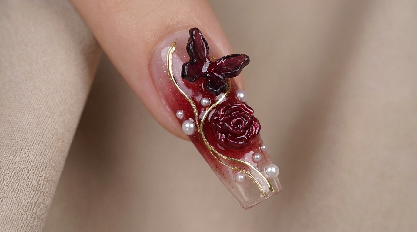 Wine Red Butterfly and Rose New Year Gel Nail Art Tutorial