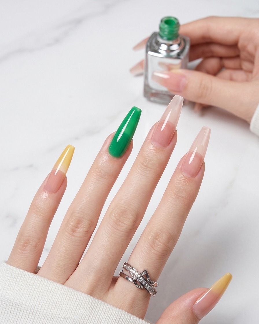 A close-up view showing a nail brush applying green jelly gel to the tip of a natural, prepped nail.