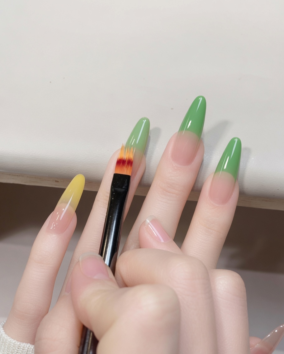 A close-up view of a brush applying yellow jelly gel to the tip of a nail.