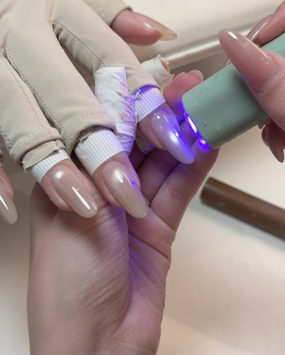 A small blue handheld UV lamp curing the glossy cat-eye gel on a manicured finger.
