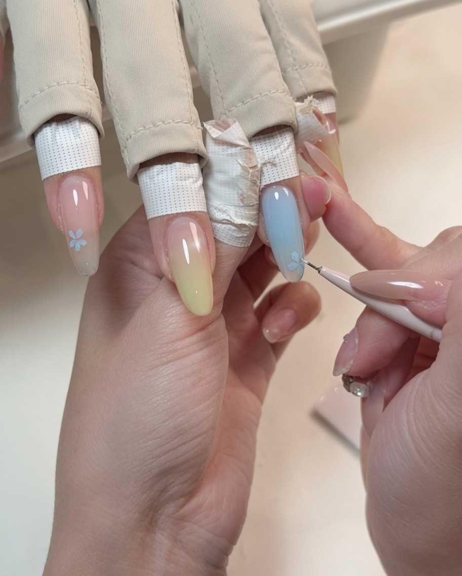 A close-up of a liner brush painting a small blue flower on a nude nail base.