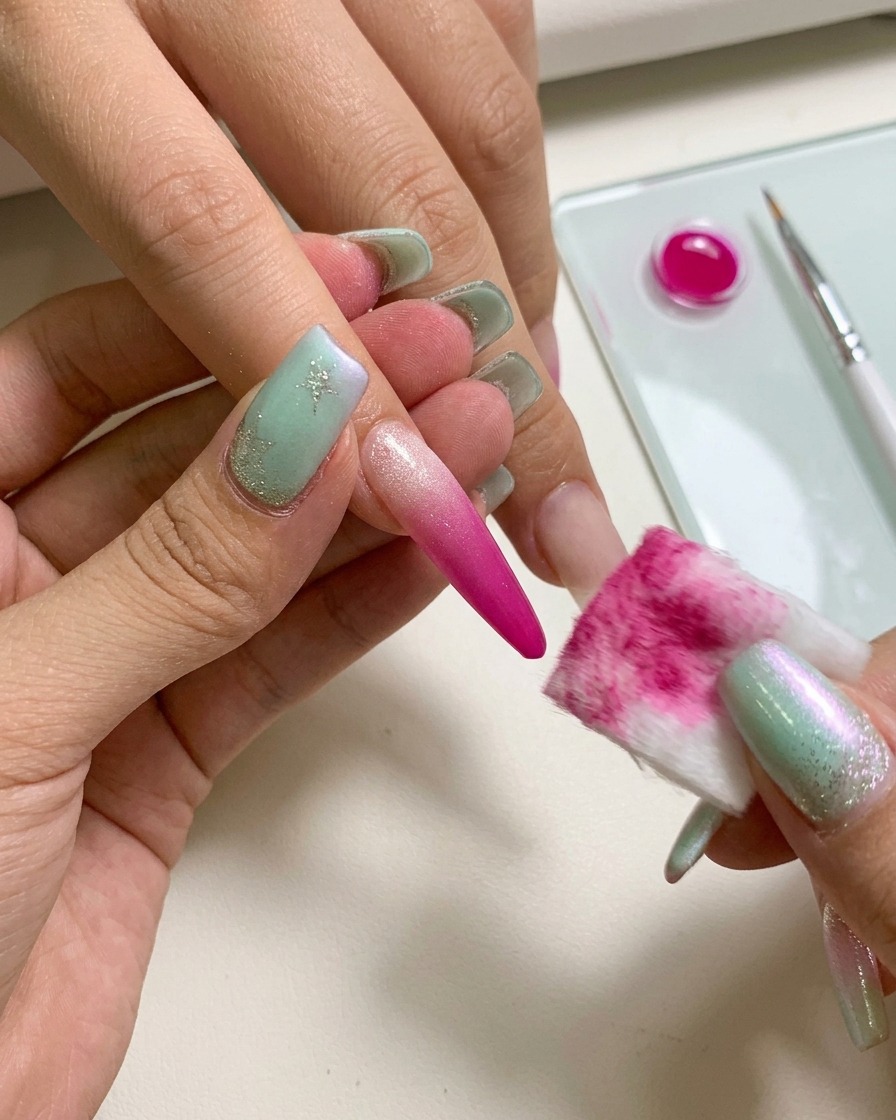 A close-up view of a hand using tweezers to hold a sponge for dabbing pink gel onto a nail.