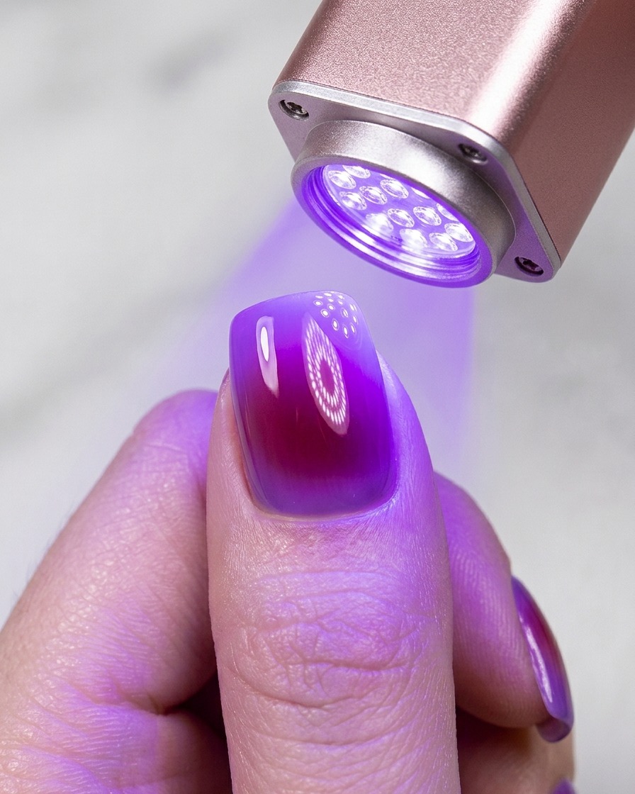 A portable mini UV flashlight curing a glossy purple-lit gel nail polish application.