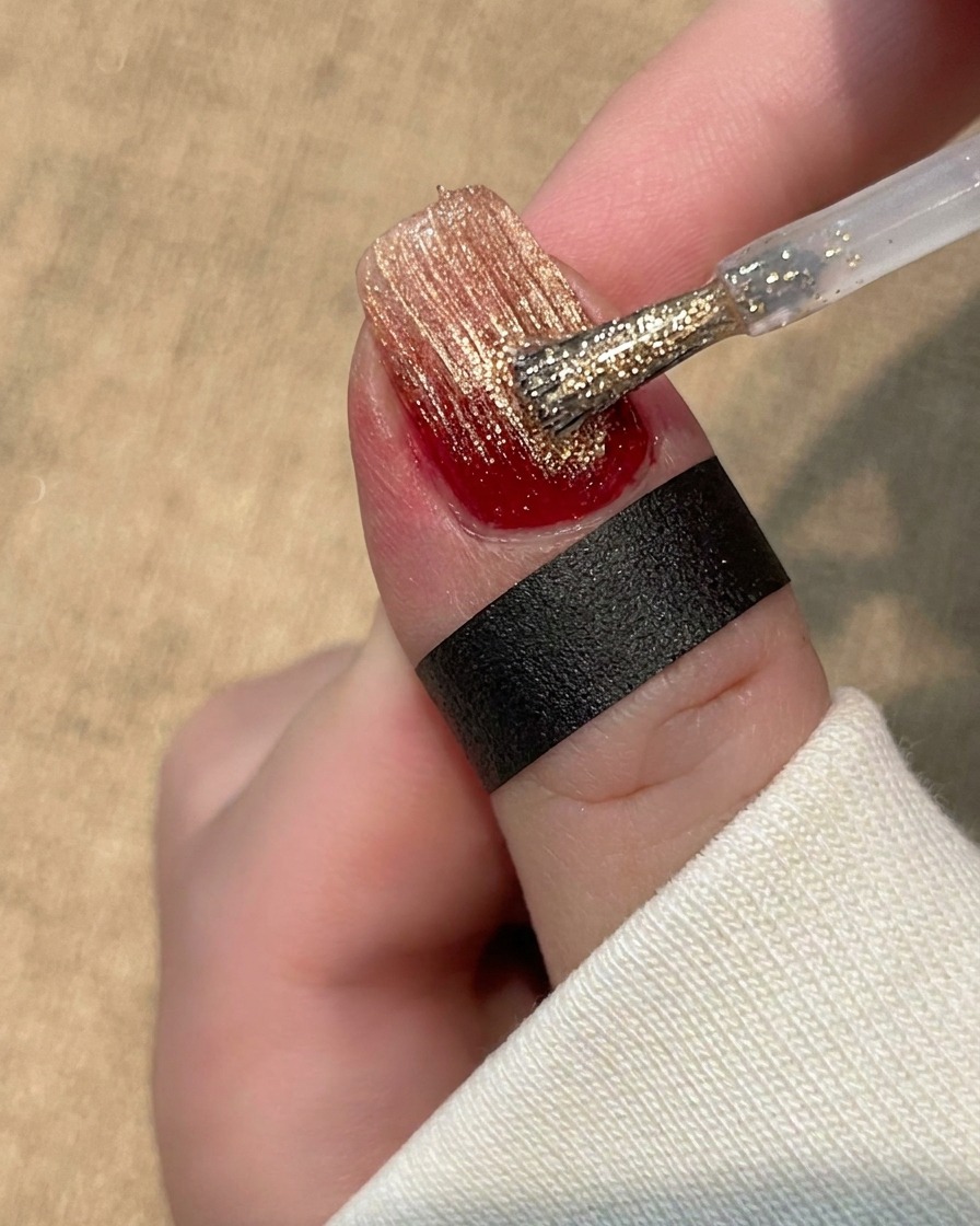 A small stiff brush pulling straight textured lines through a glossy gel layer on a nail.