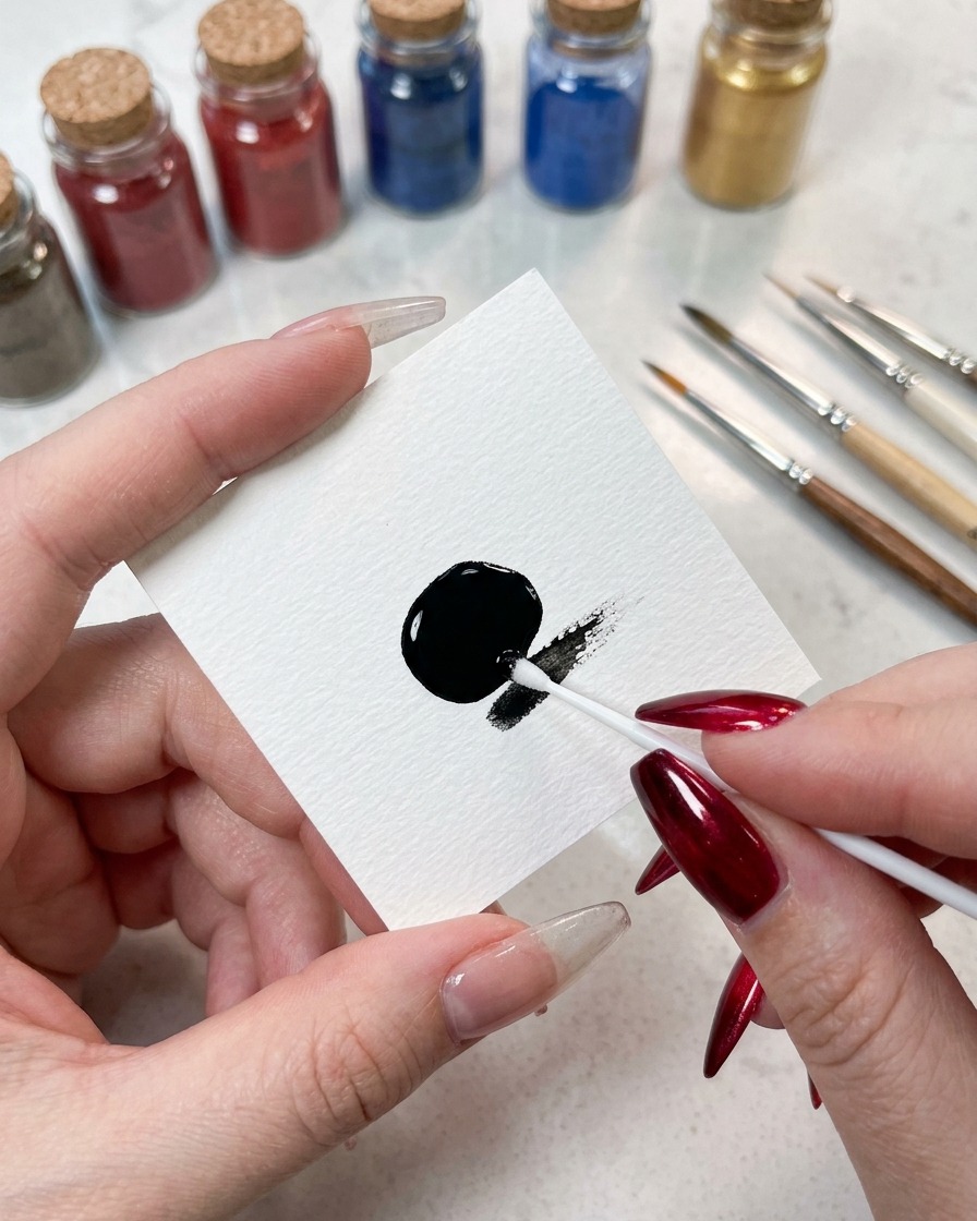 A close-up view of the edge of a sponge being gently loaded with black painting gel from a palette.