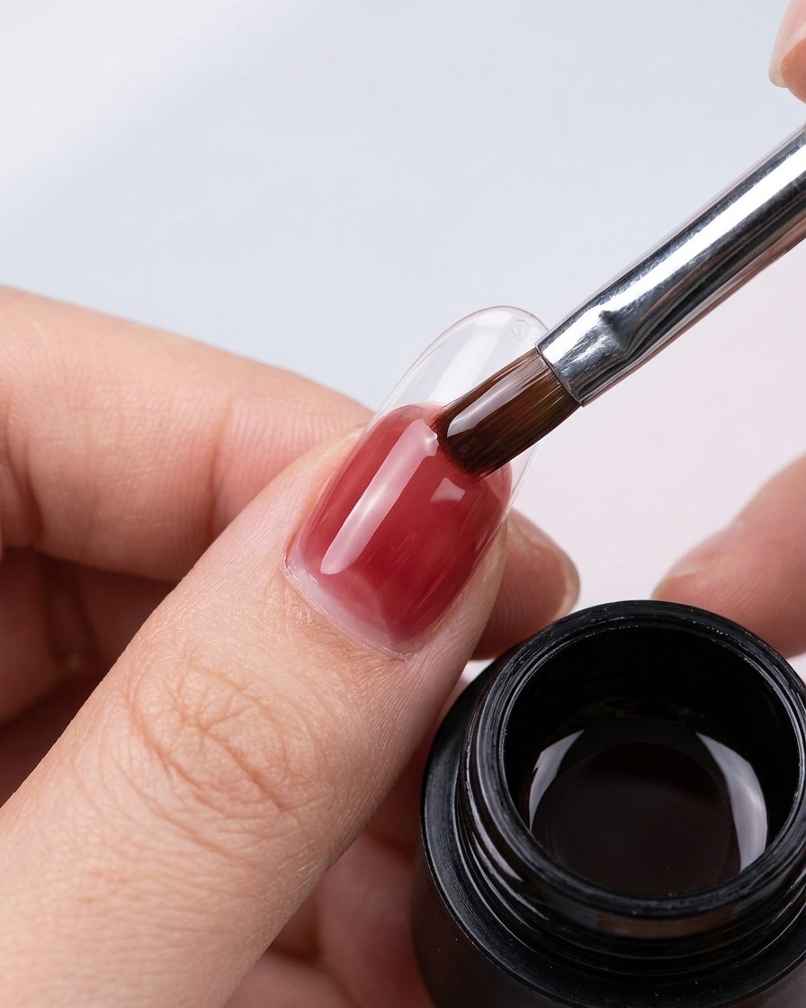 A close-up shot of a nail brush applying a translucent rose-pink gel onto a natural, clear nail surface.