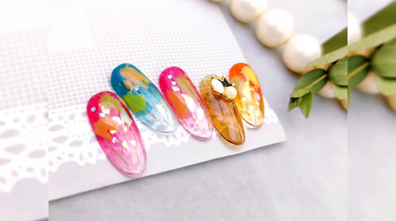 Icy Translucent Gradient Nails with Glass Paper Accents