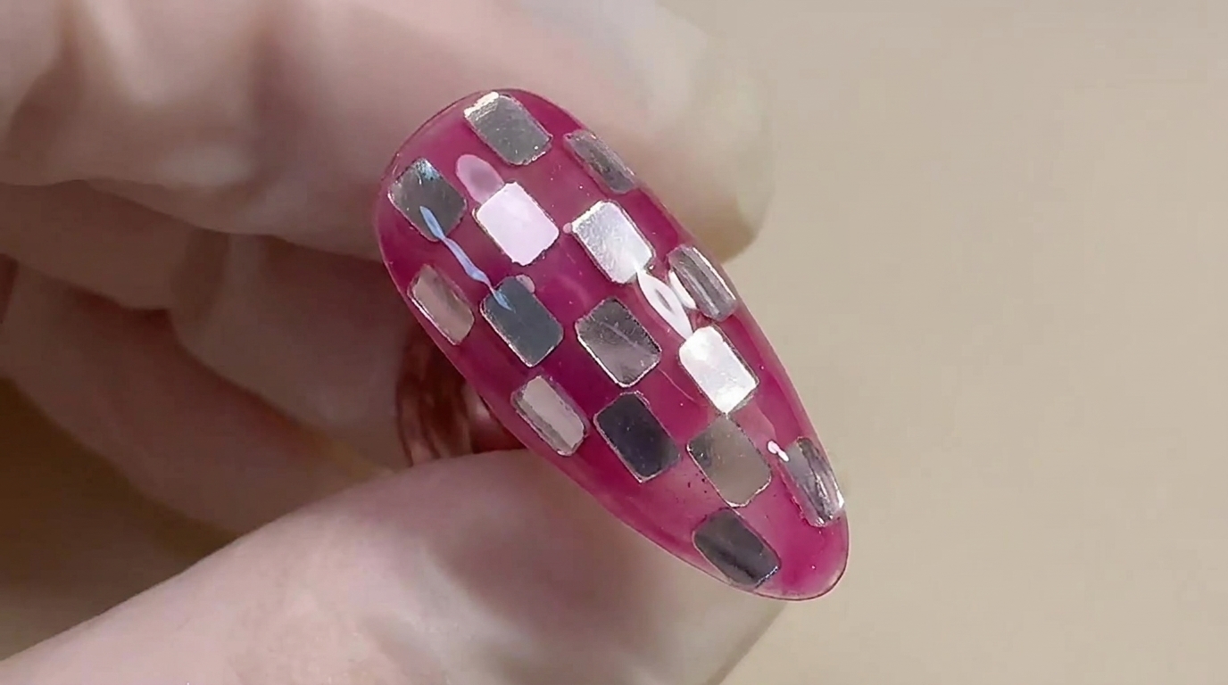 Pink and Silver Mirror Checkerboard Nail Art Tutorial
