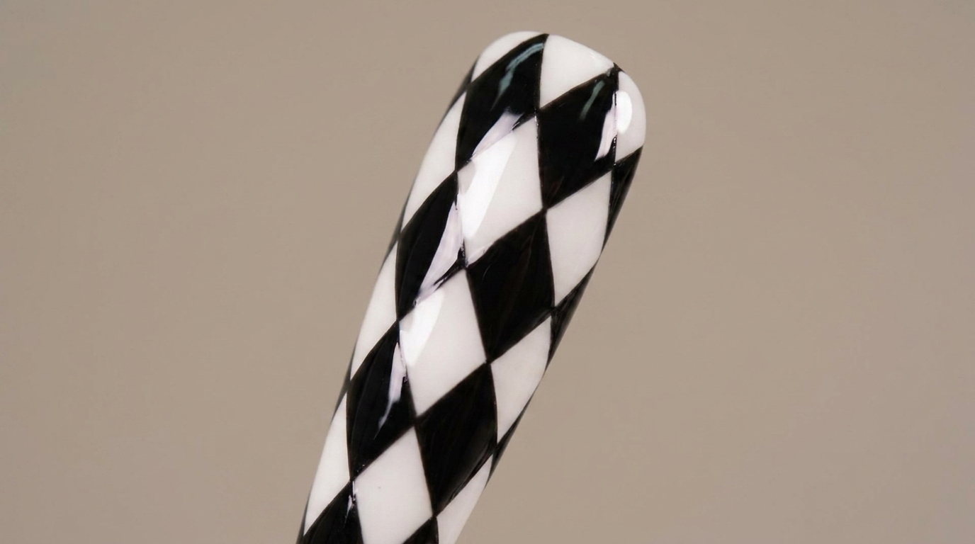 Black and Beige Checkerboard and Argyle Pattern Nail Art — Step-by-Step Tutorial