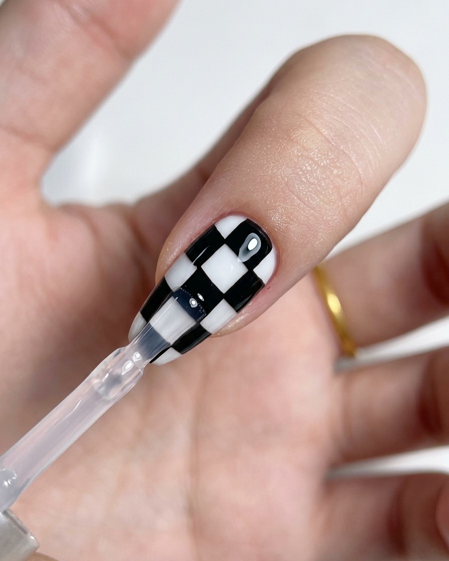 A brush spreading a glossy layer of clear top coat evenly across a checkered nail design.