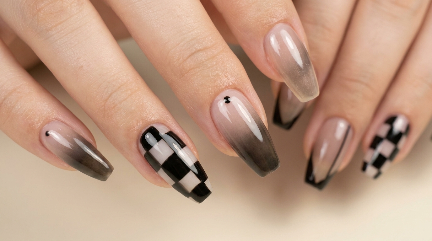 Checkered and Nude Gradient Nails — Step-by-Step Tutorial